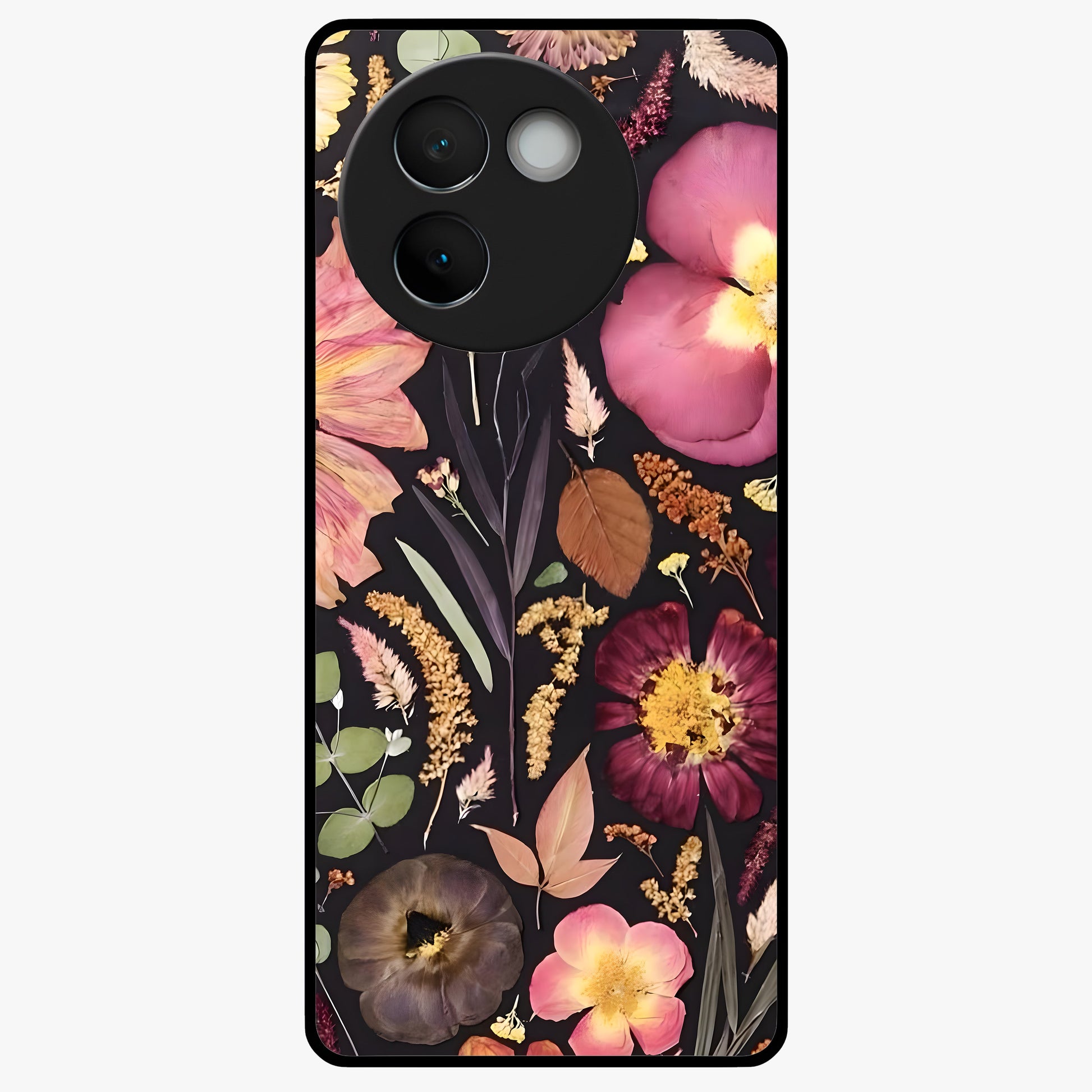 Petal Dream Tapestry Glass Case showing flat back view with intricate floral tapestry artwork and glossy glass finish.