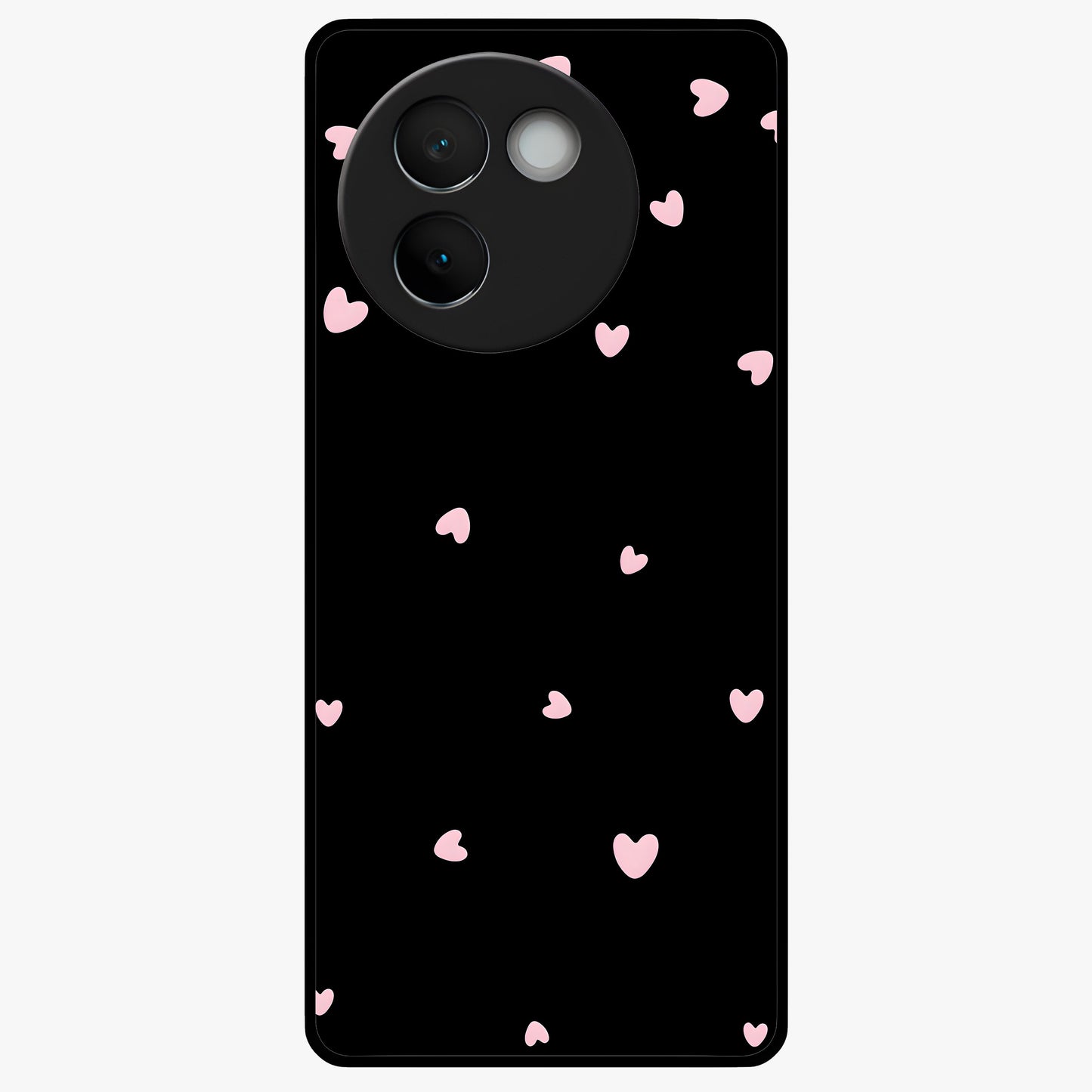 Pink Love Drops Glass Case showing flat back view with playful pink heart drops artwork and glossy glass finish.