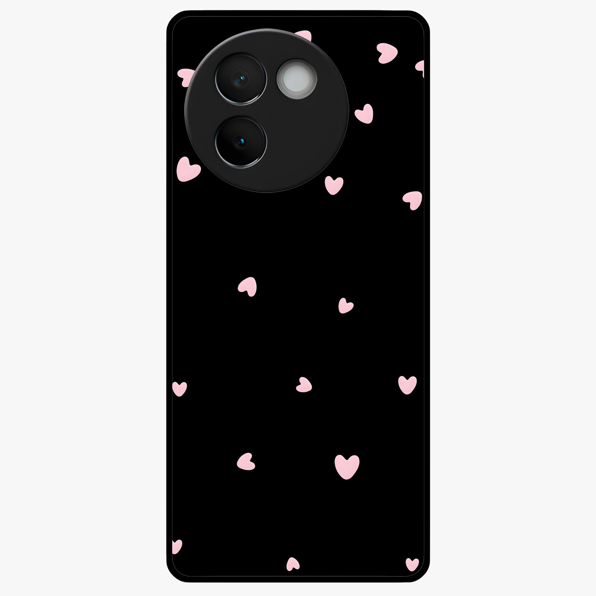 Pink Love Drops Glass Case showing flat back view with playful pink heart drops artwork and glossy glass finish.