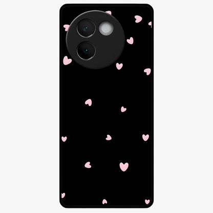 Pink Love Drops Glass Case showing flat back view with playful pink heart drops artwork and glossy glass finish.