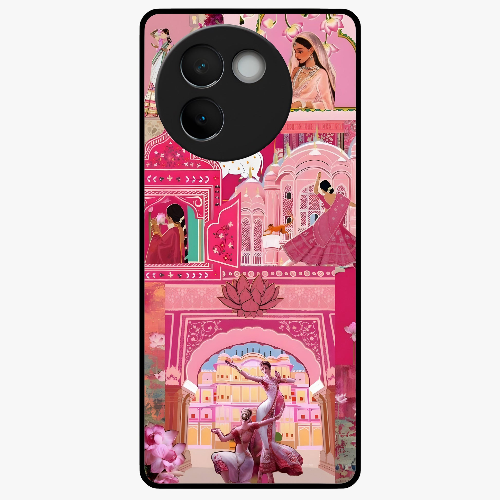Pink Palace Muse Glass Case showing flat back view with elegant palace inspired artwork and glossy glass finish.
