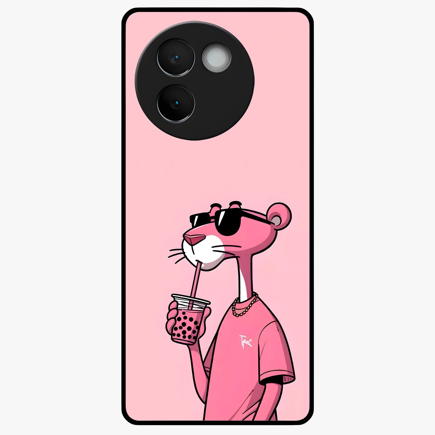 Pink Panther Glass Case showing flat back view with iconic pink panther artwork and glossy glass finish.