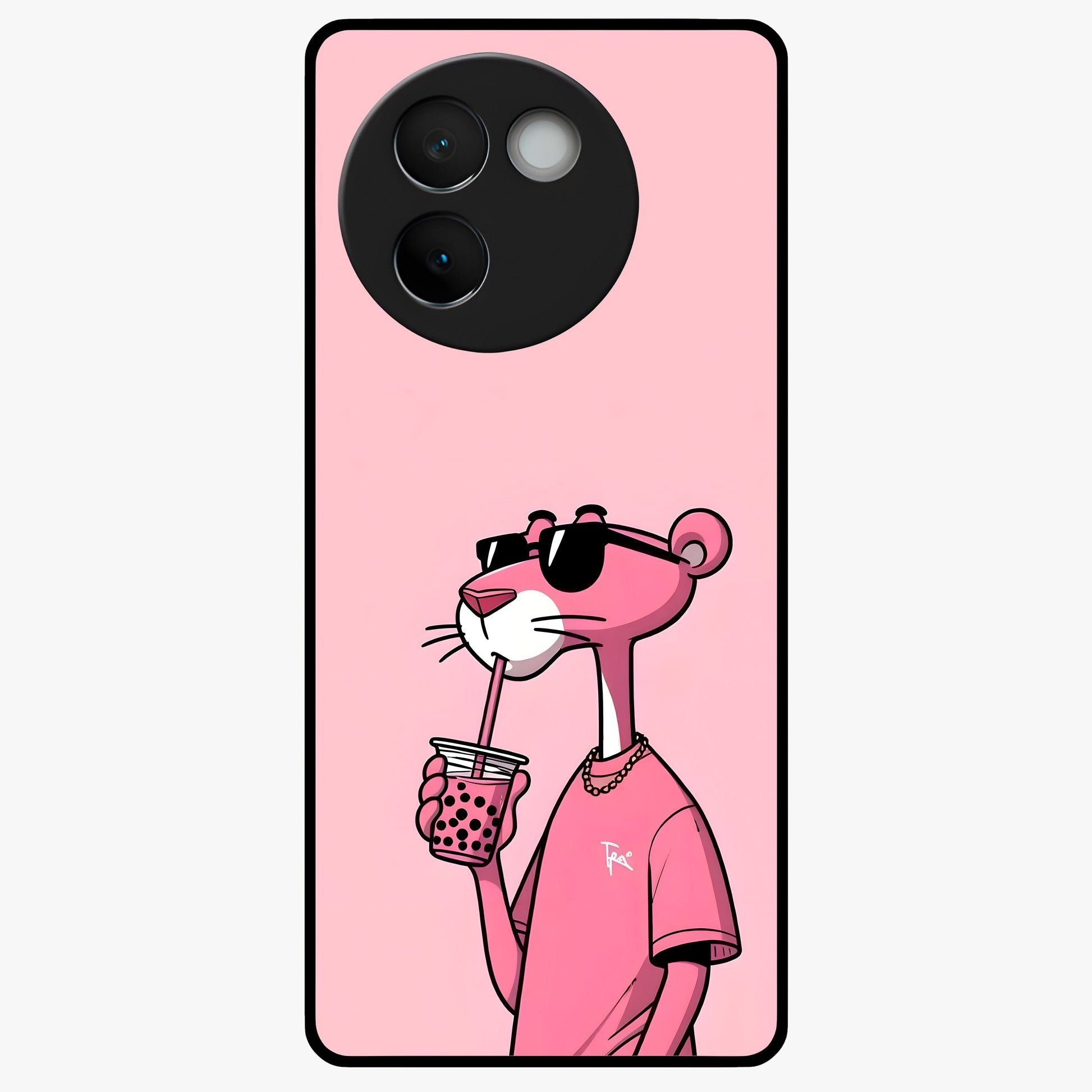 Pink Panther Glass Case showing flat back view with iconic pink panther artwork and glossy glass finish.