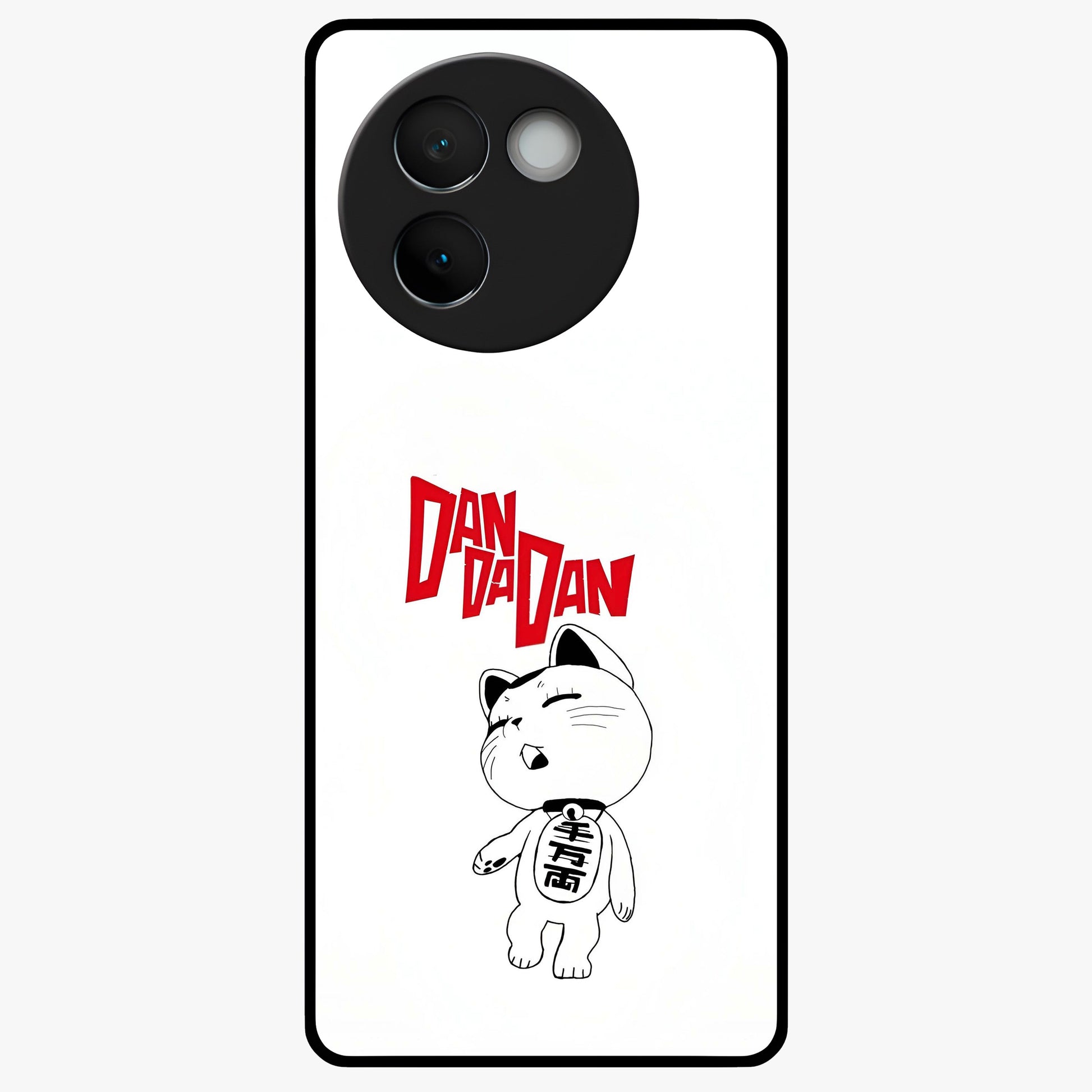 Playful Spirit Charm Glass Case showing flat back view with cheerful charm themed artwork and glossy glass finish.