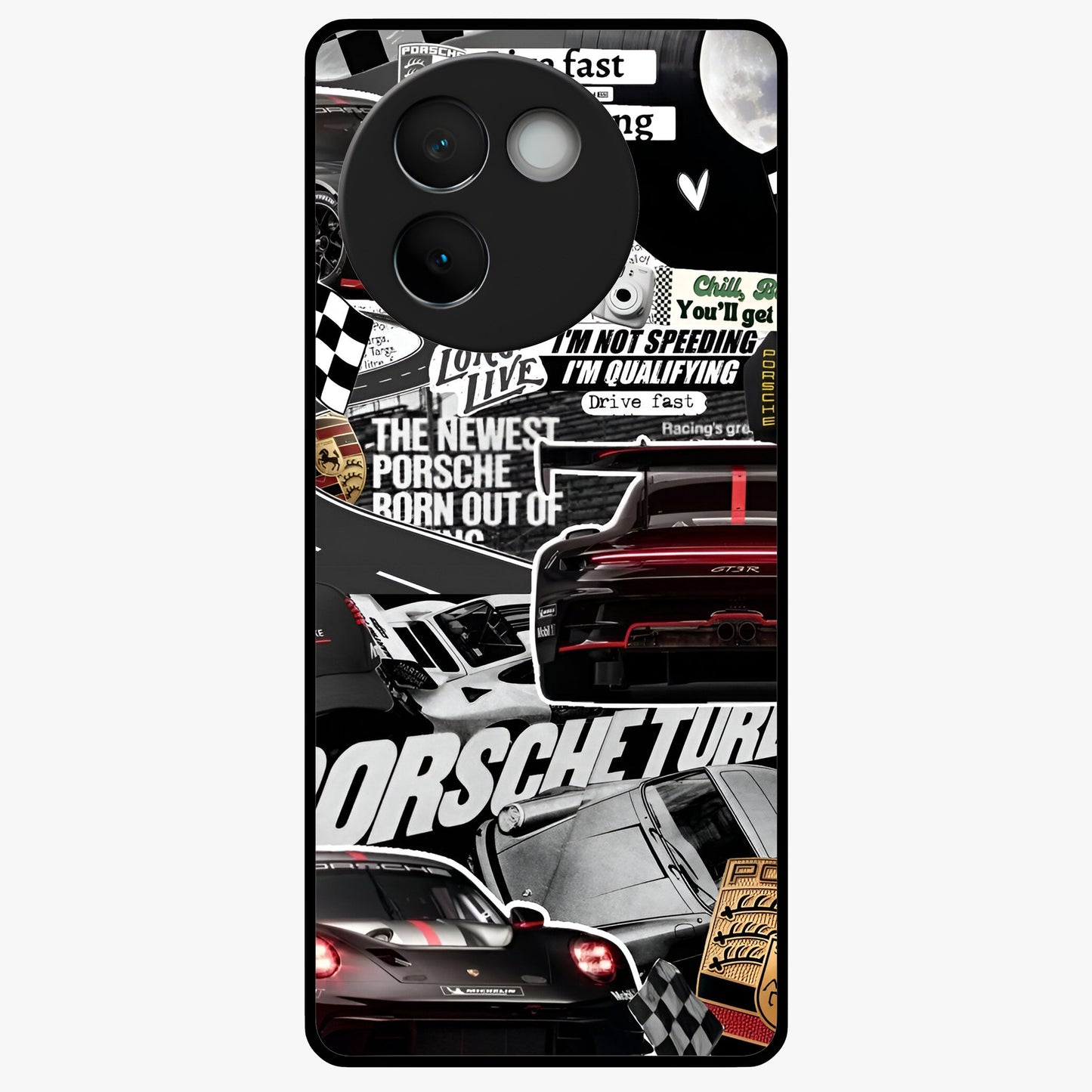 Porsche Racing Collage Glass Case showing flat back view with sports car racing collage artwork and glossy glass finish.
