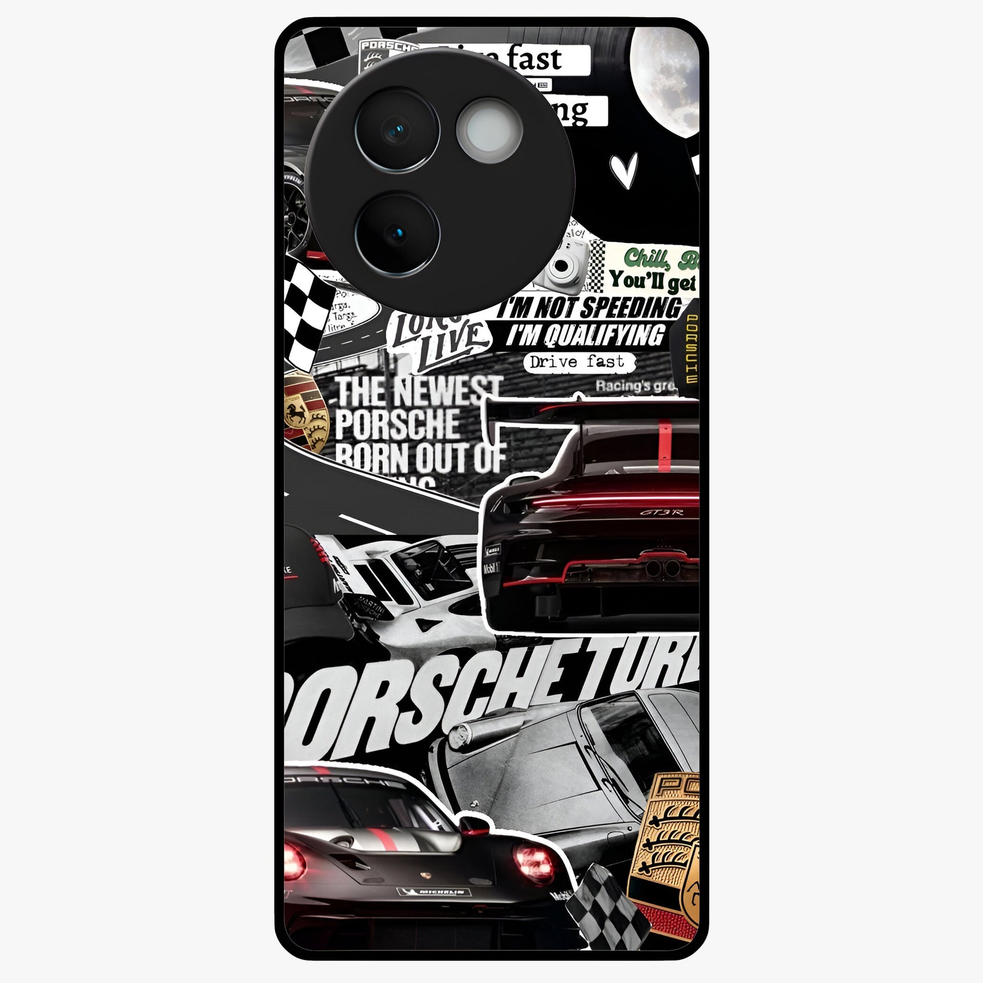 Porsche Racing Collage Glass Case showing flat back view with sports car racing collage artwork and glossy glass finish.