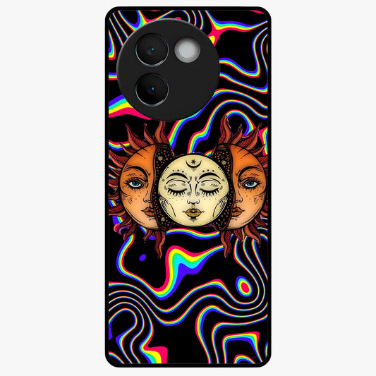 Psychedelic Sun Glass Case showing flat back view with colorful psychedelic sun artwork and glossy glass finish.