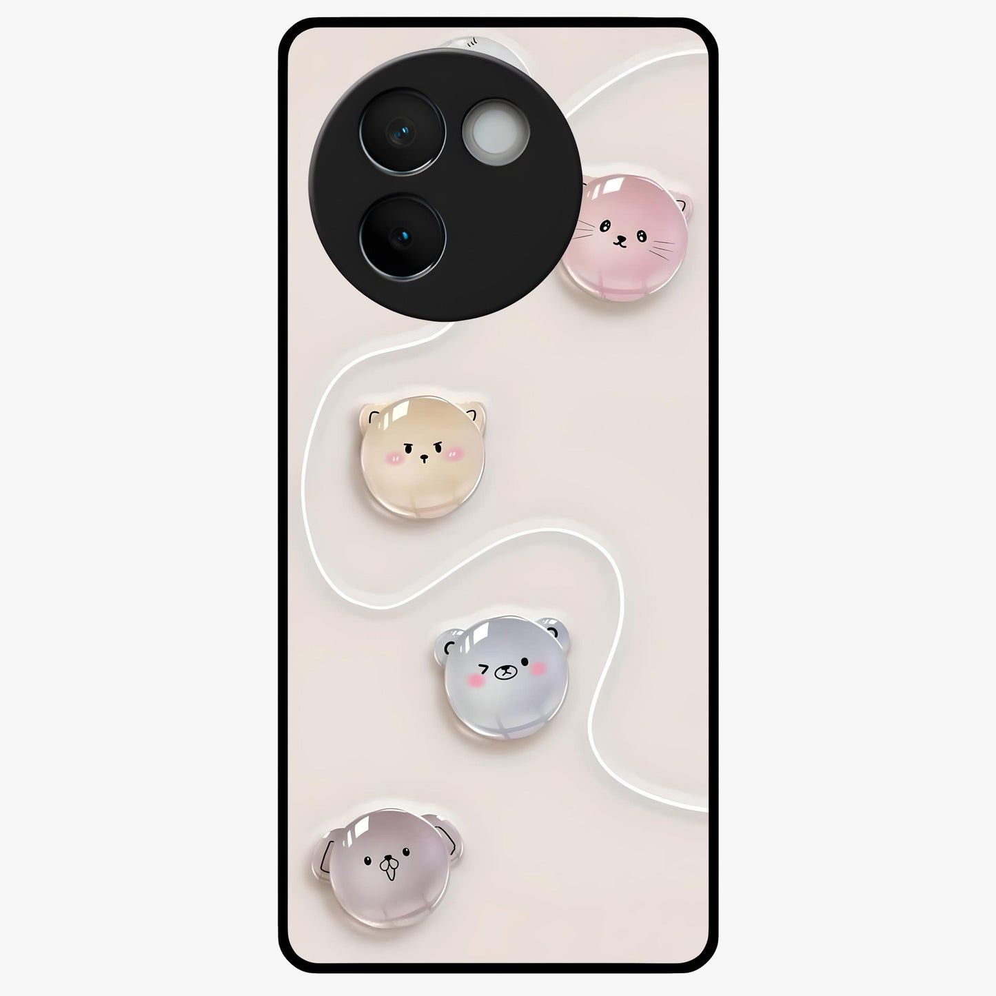 Puffy Face Parade Glass Case showing flat back view with cute puffy character faces artwork and glossy glass finish.
