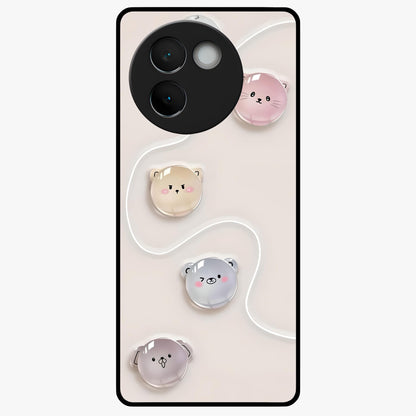 Puffy Face Parade Glass Case showing flat back view with cute puffy character faces artwork and glossy glass finish.