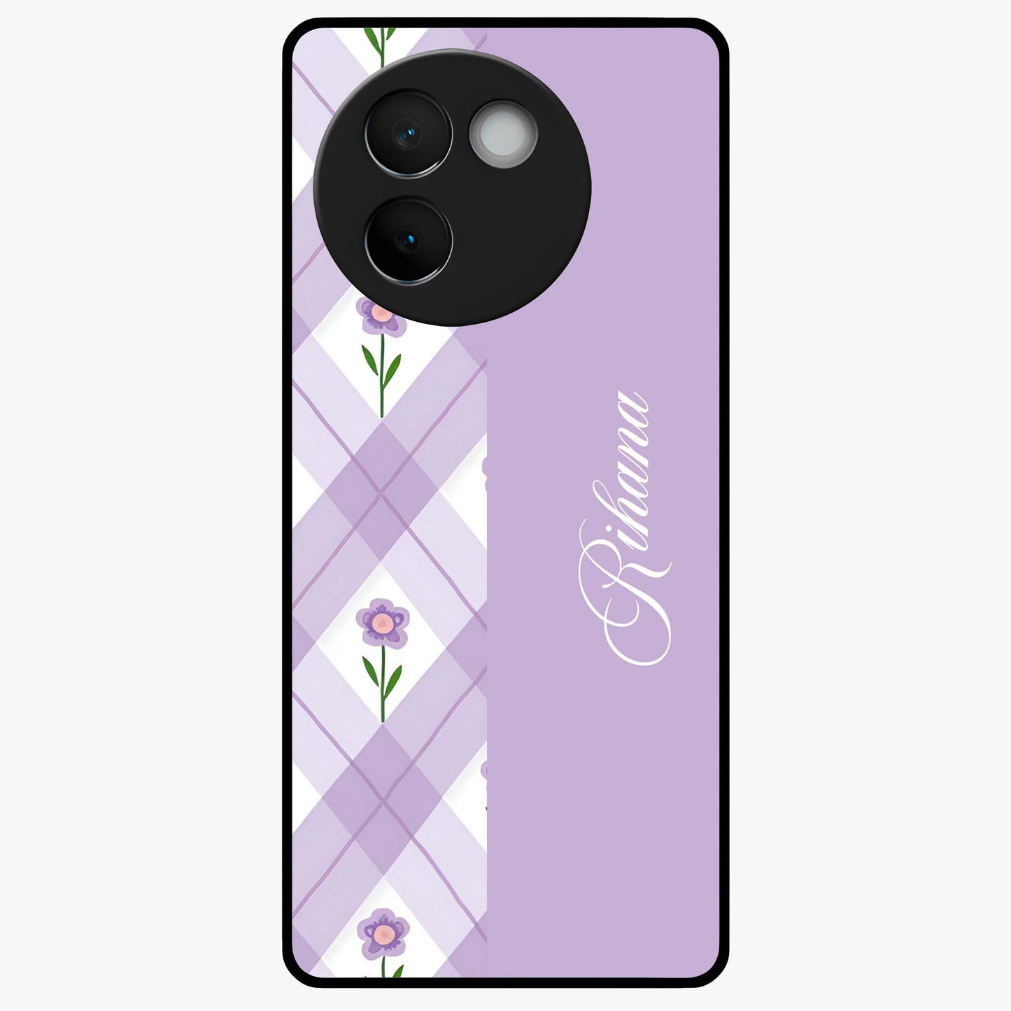 Purple Diamond Floral Glass Case showing flat back view with diamond shaped floral artwork and glossy glass finish.