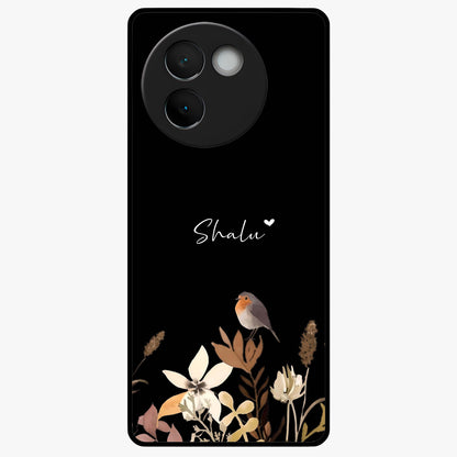 Quiet Garden Tune Custom Name Glass Case showing flat back view with peaceful garden artwork and personalized name design.