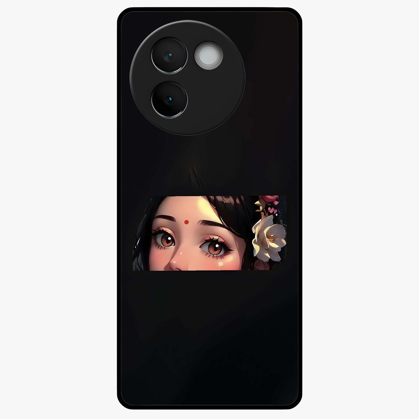 Radha Divine Embrace Glass Case showing flat back view with devotional Radha artwork and glossy glass finish.