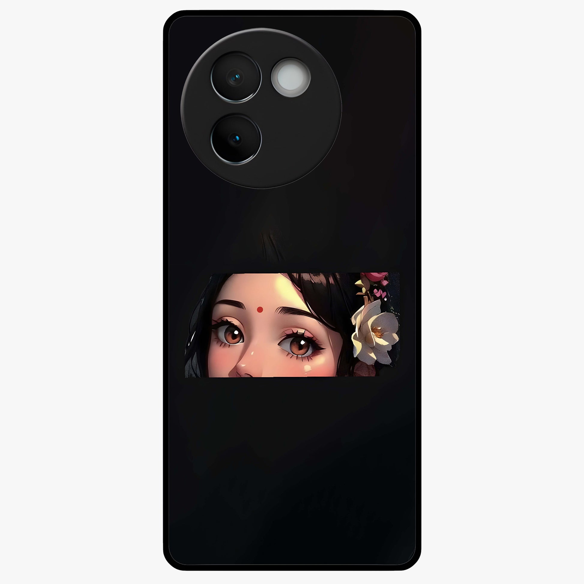 Radha Divine Embrace Glass Case showing flat back view with devotional Radha artwork and glossy glass finish.