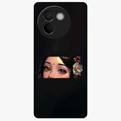 Radha Divine Embrace Glass Case showing flat back view with devotional Radha artwork and glossy glass finish.
