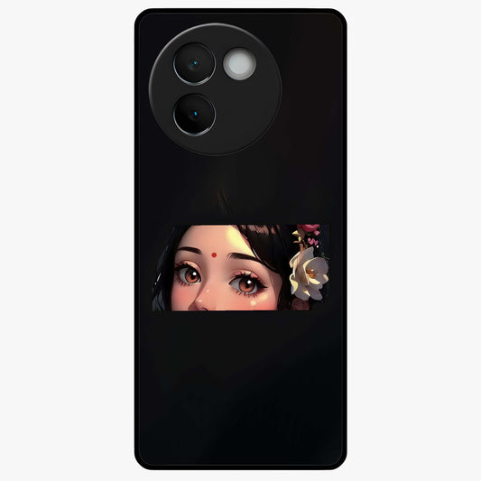 Radha Divine Embrace Glass Case showing flat back view with devotional Radha artwork and glossy glass finish.