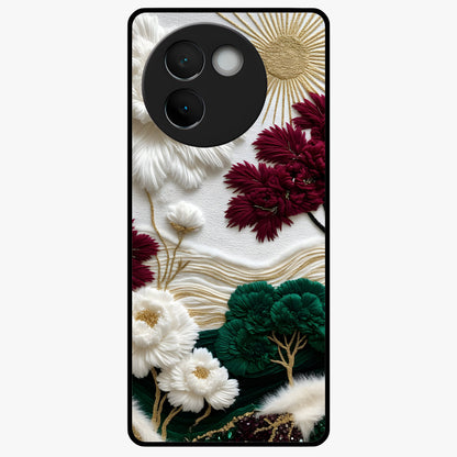 Radiant Bloom Elegance Glass Case showing flat back view with elegant blooming flower artwork and glossy glass finish.