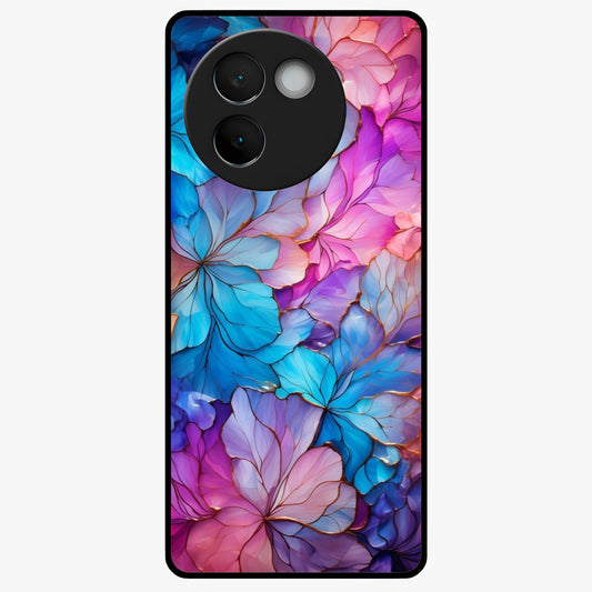 Radiant Floral Whirl Glass Case showing flat back view with swirling floral artwork and glossy glass finish.