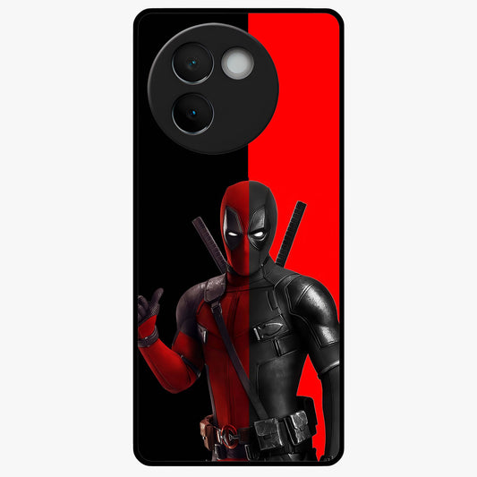 Red & Black Deadpool Theme Glass Case showing flat back view with bold comic inspired artwork and glossy glass finish.