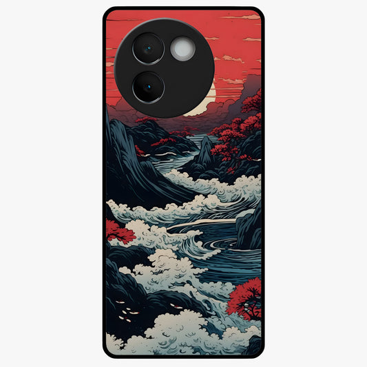 Red Sunset Scenery Glass Case showing flat back view with vibrant sunset landscape artwork and glossy glass finish.