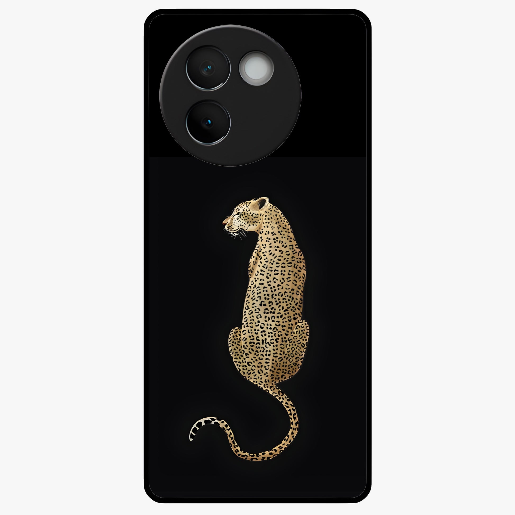 Regal Leopard Glass Case showing flat back view with bold leopard artwork and glossy glass finish.