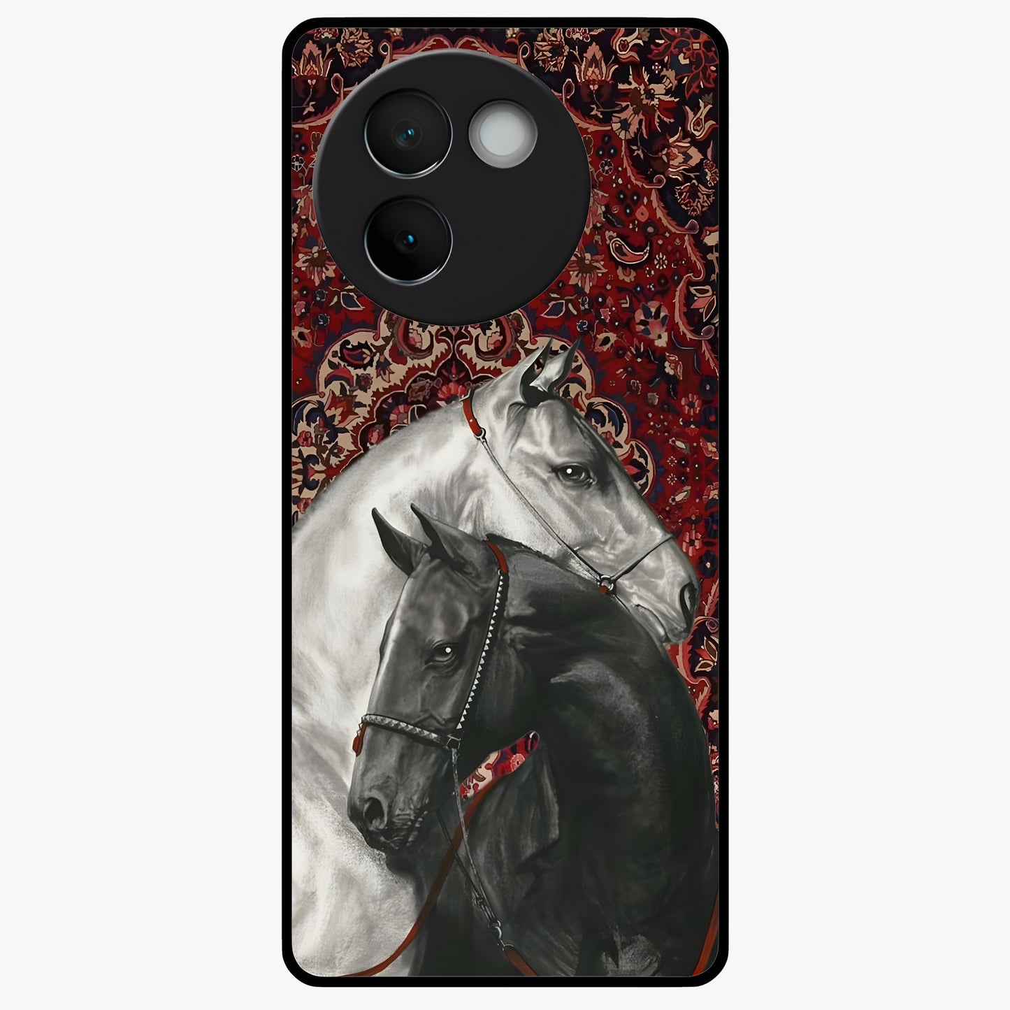 Regal Stallion Tapestry Glass Case showing flat back view with majestic horse tapestry artwork and glossy glass finish.