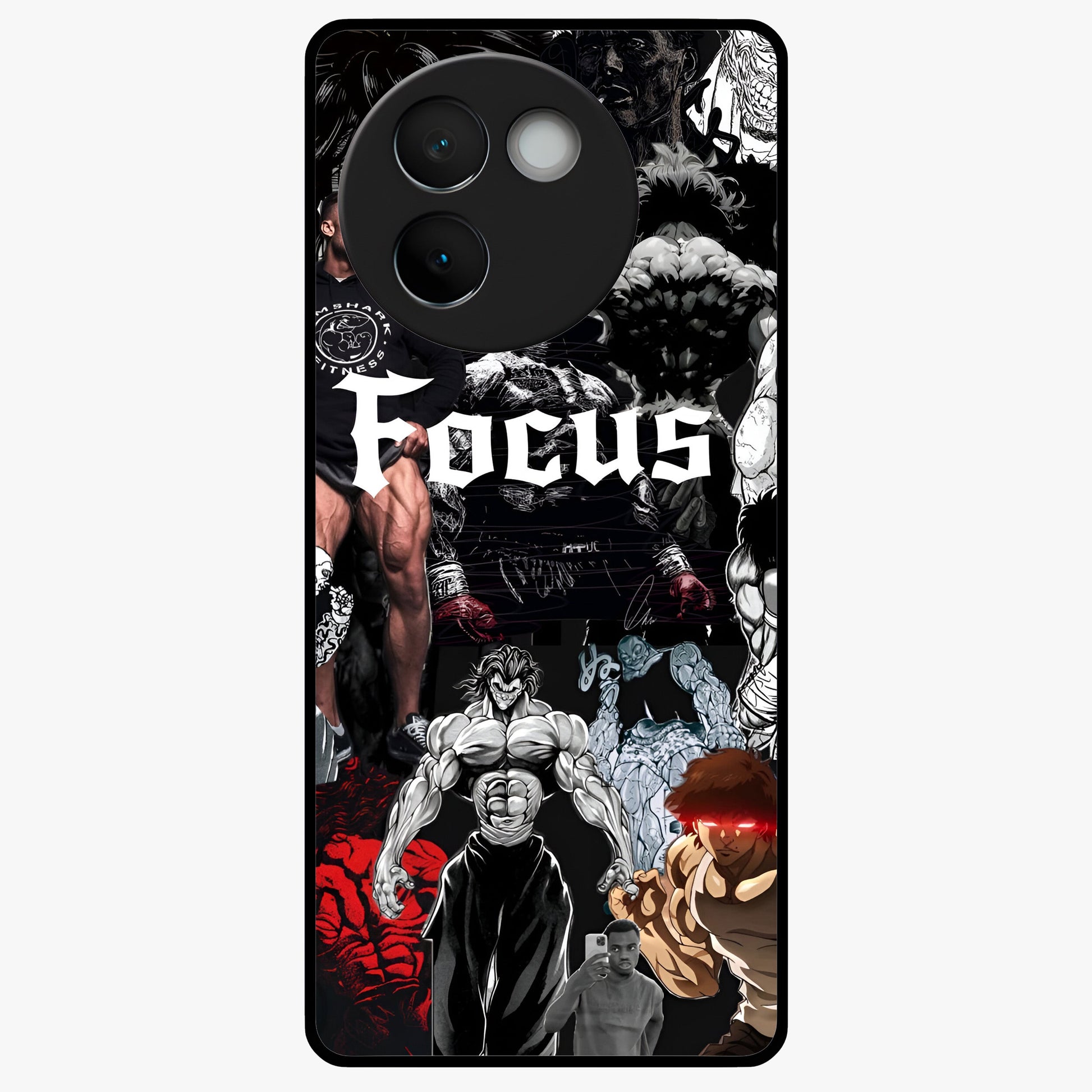 Relentless Power Focus Glass Case showing flat back view with motivational typography artwork and glossy glass finish.