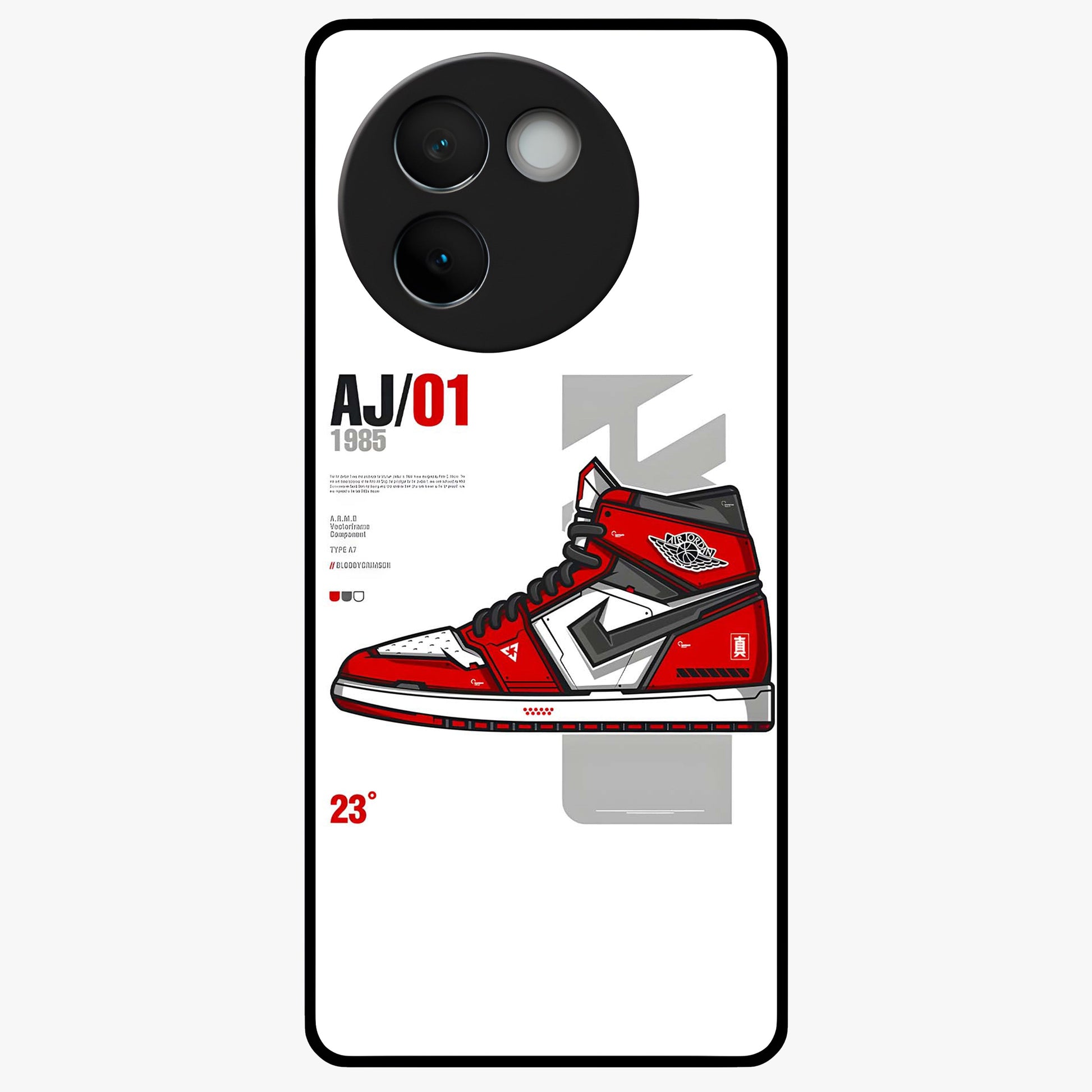 Retro Sneaker Blueprint Glass Case showing flat back view with sneaker blueprint style artwork and glossy glass finish.