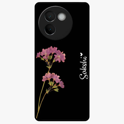 Riching Lavender Flower Custom Name Glass Case showing flat back view with lavender floral artwork and personalized name design.