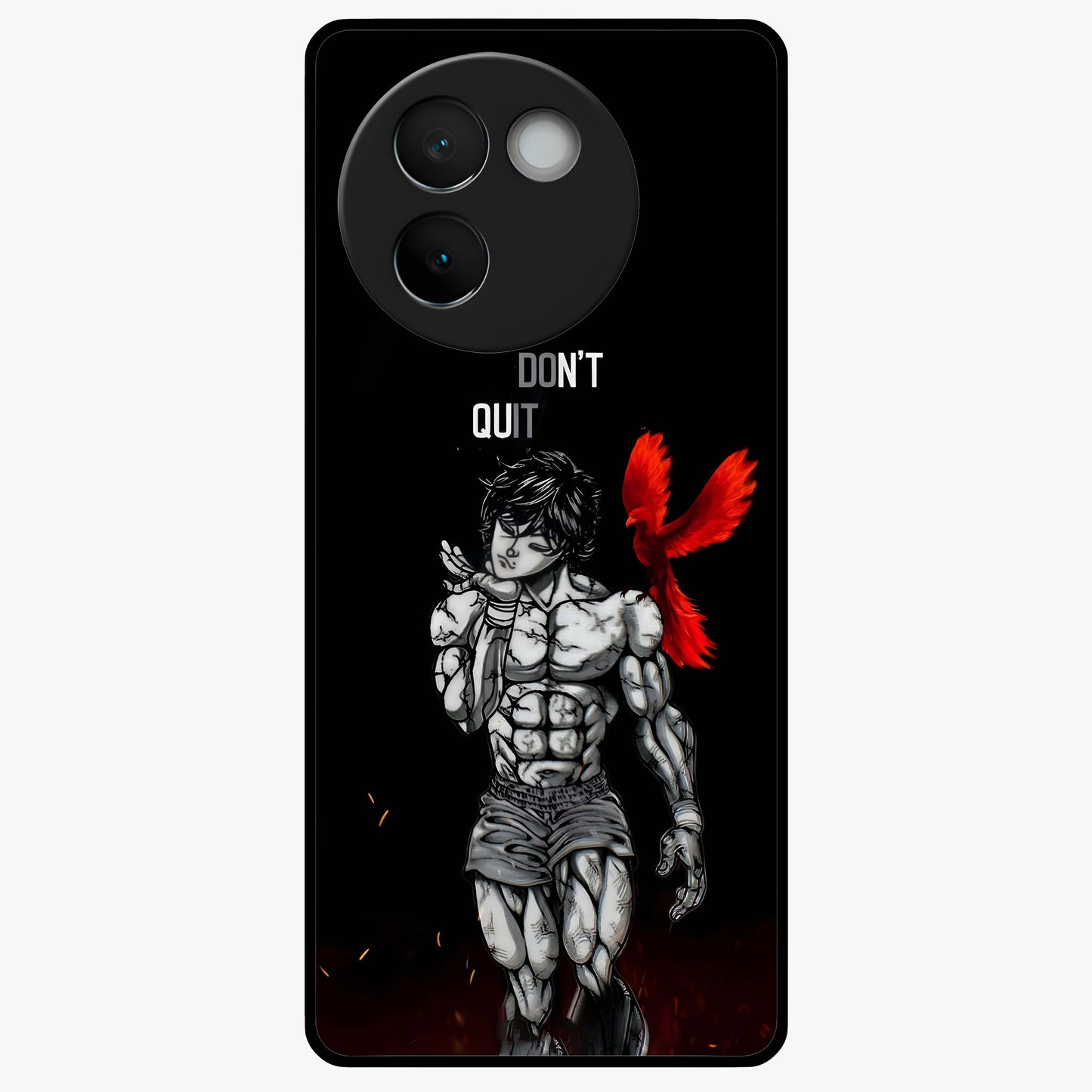 Rise Beyond Limits Glass Case showing flat back view with motivational typography artwork and glossy glass finish.