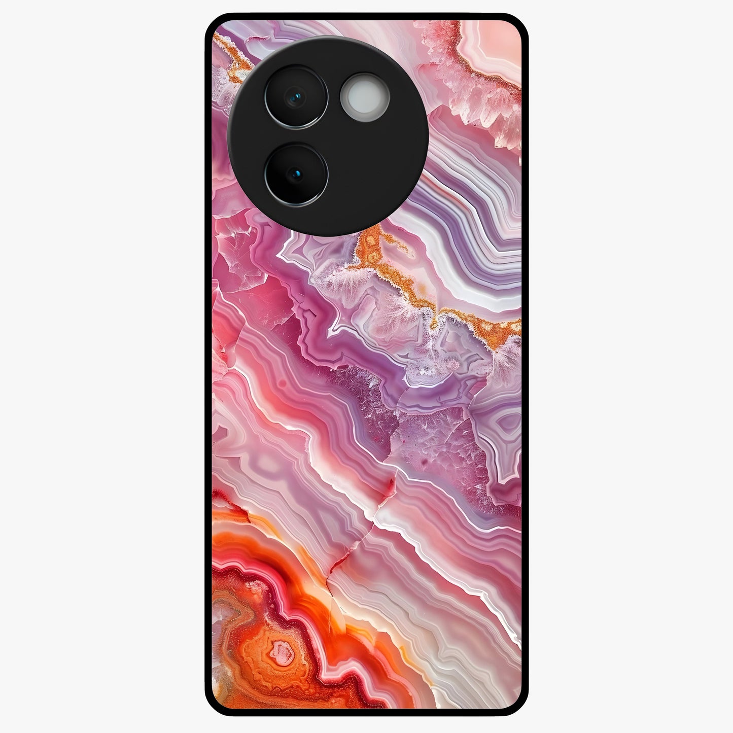 Rose Quartz Marble Glass Case showing flat back view with pink marble quartz texture artwork and glossy glass finish.