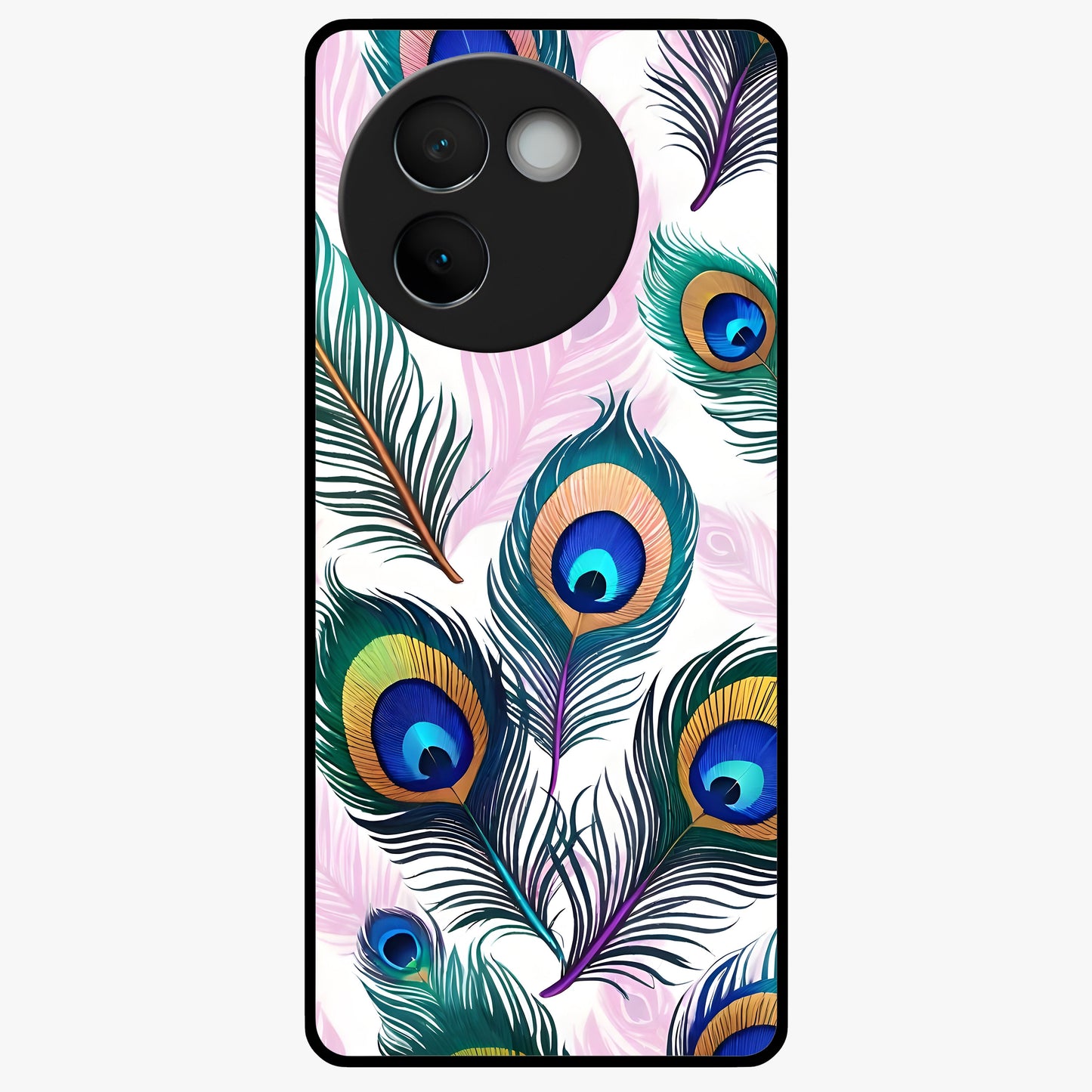 Royal Peacock Feathers Glass Case showing flat back view with colorful peacock feather artwork and glossy glass finish.