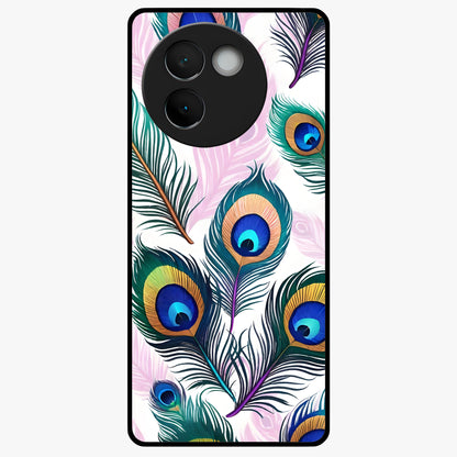 Royal Peacock Feathers Glass Case showing flat back view with colorful peacock feather artwork and glossy glass finish.