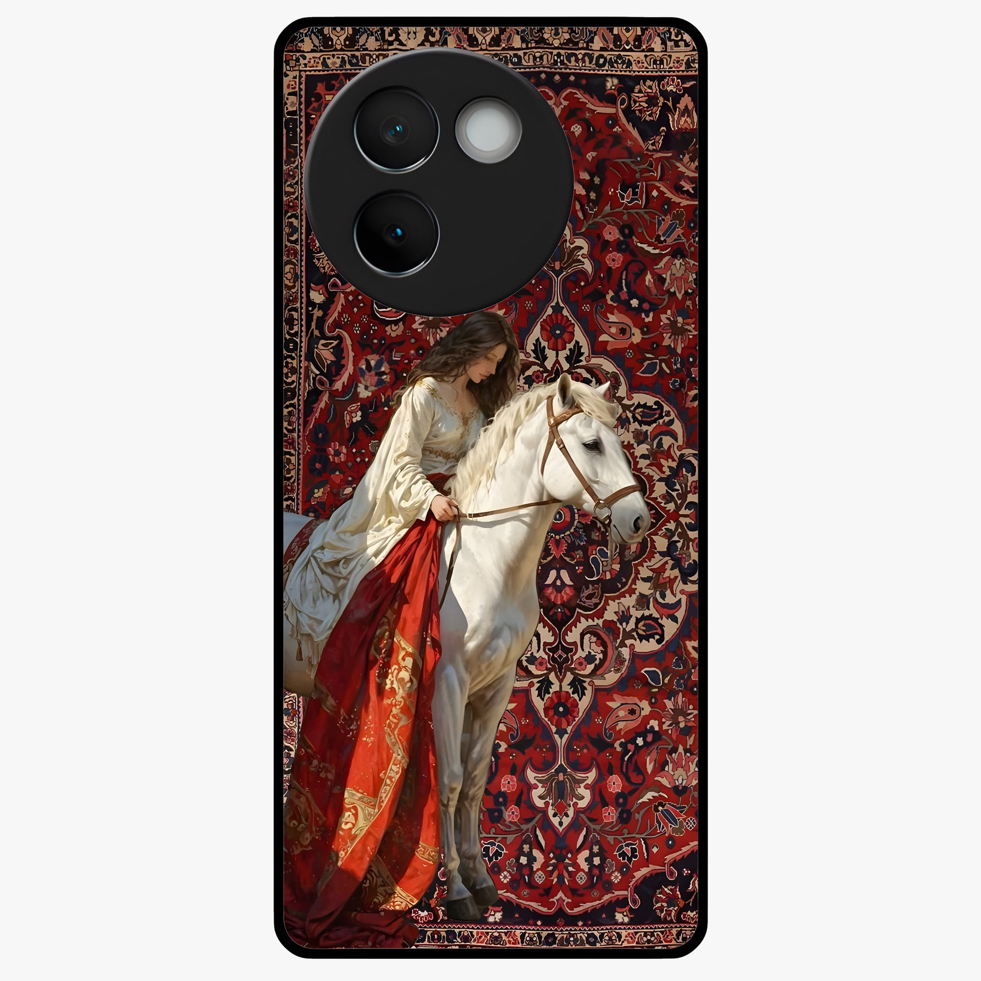 Royal Rider Tapestry Glass Case showing flat back view with majestic horse rider tapestry artwork and glossy glass finish.