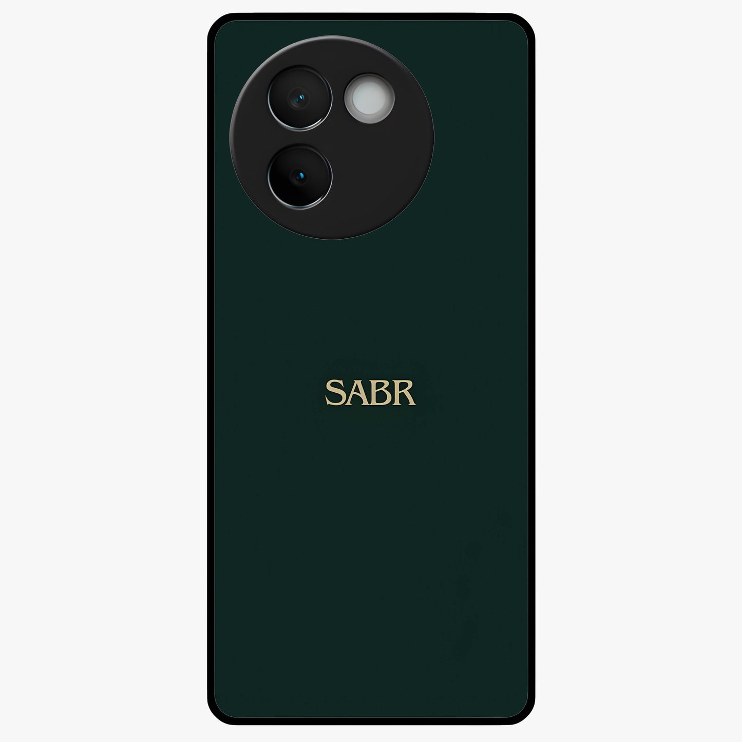 Sabr Minimal Patience Glass Case showing flat back view with minimalist typography artwork and glossy glass finish.