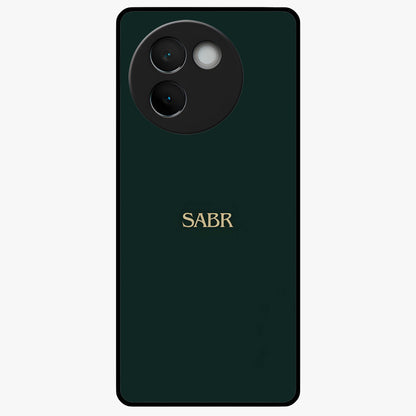 Sabr Minimal Patience Glass Case showing flat back view with minimalist typography artwork and glossy glass finish.