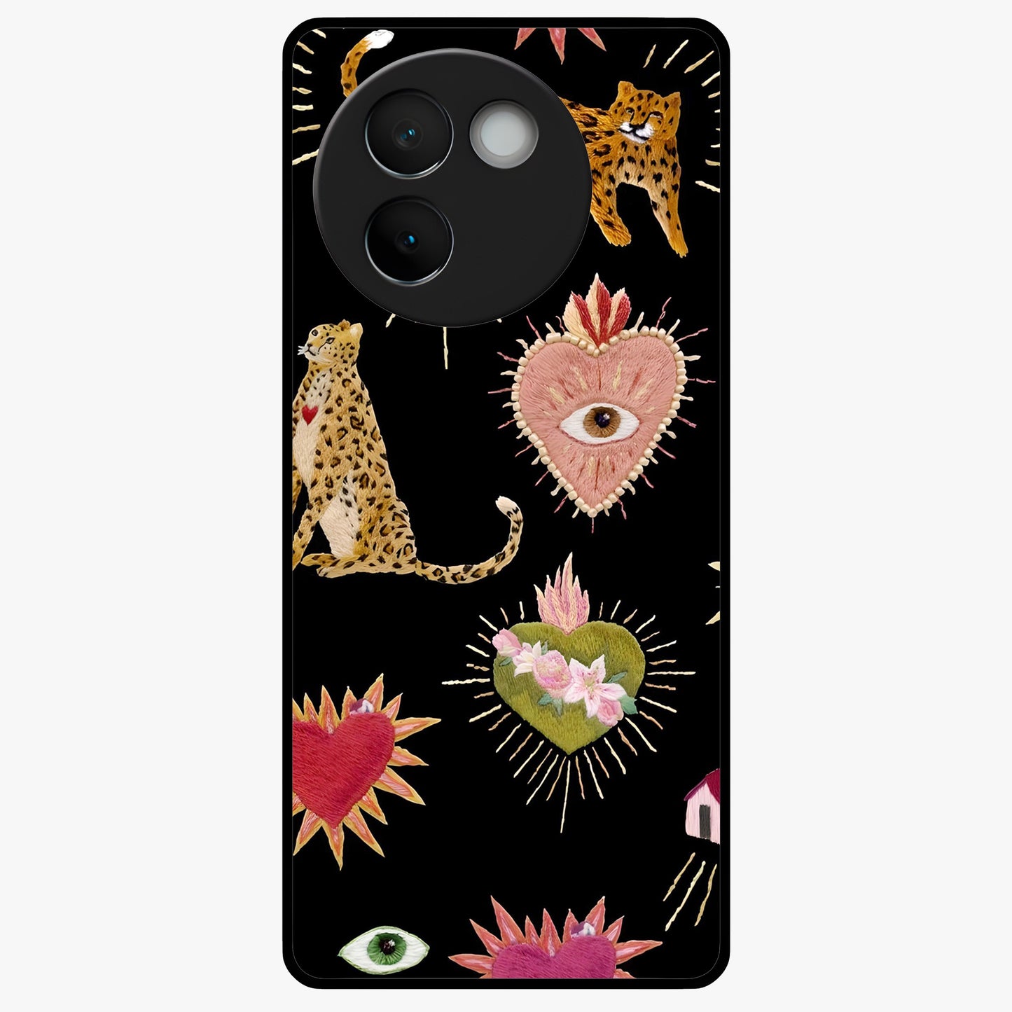 Sacred Jungle Heart Glass Case showing flat back view with jungle inspired heart artwork and glossy glass finish.