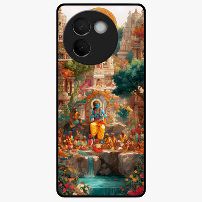 Sacred Sunlight Gods Glass Case showing flat back view with divine sunlight themed artwork and glossy glass finish.