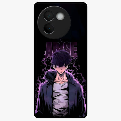 Shadow Monarch Awakening Glass Case showing flat back view with powerful dark monarch themed artwork and glossy glass finish.