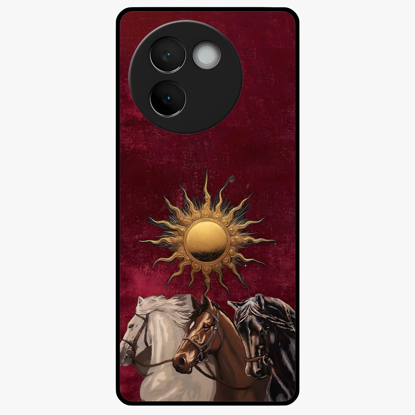 Solar Riders Glass Case showing flat back view with dynamic rider themed artwork and glossy glass finish.