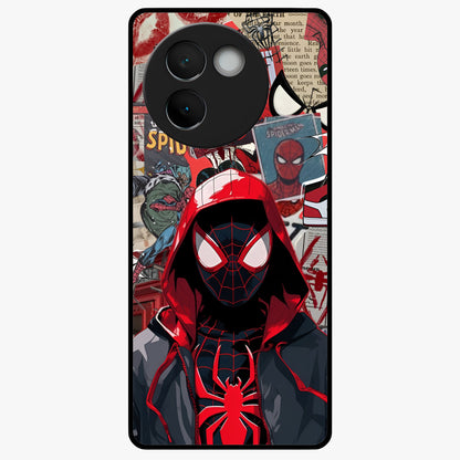 Spider Collage Street Glass Case showing flat back view with vibrant superhero collage artwork and glossy glass finish.