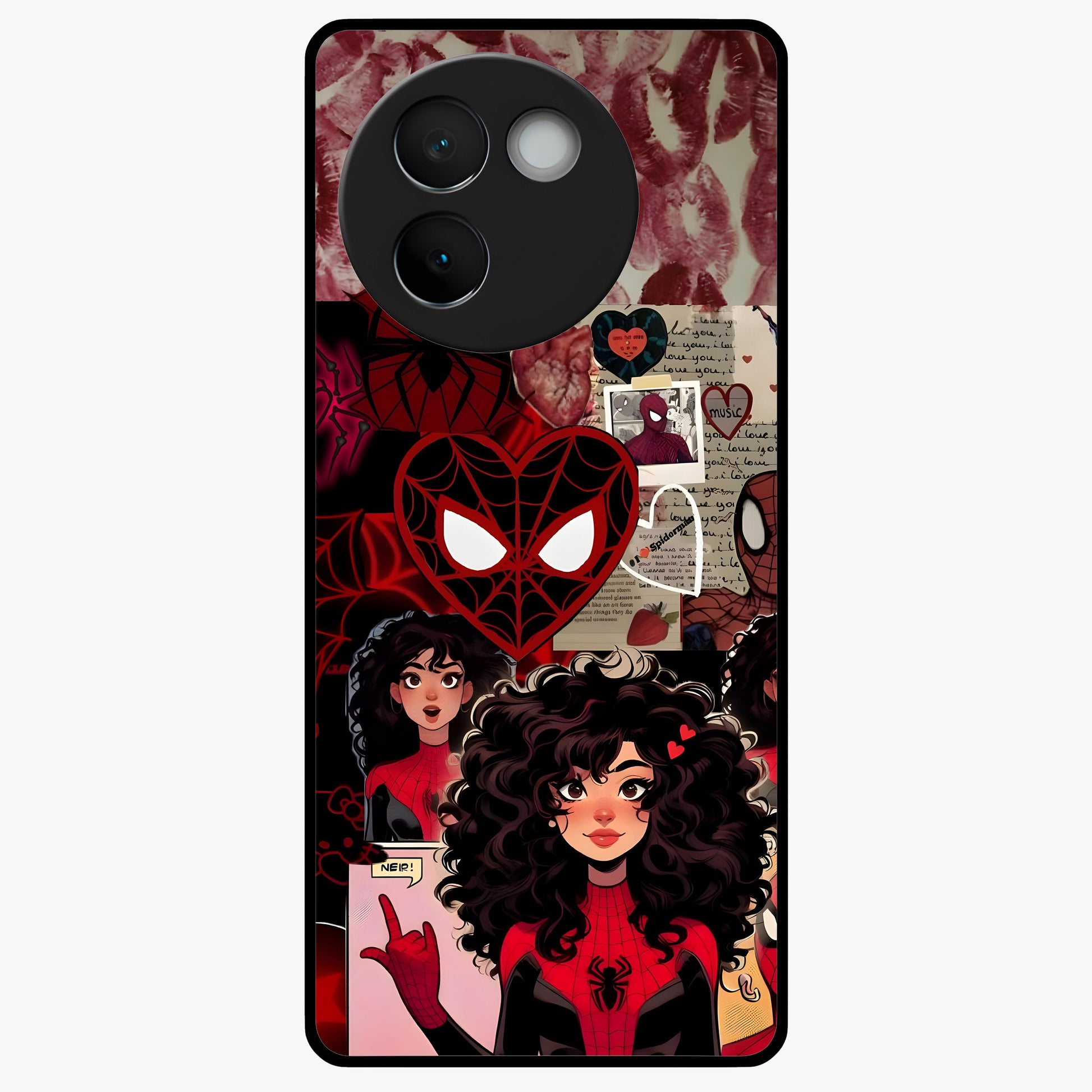 Spider Love Story Glass Case showing flat back view with romantic superhero themed artwork and glossy glass finish.