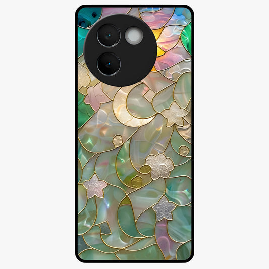 Stained Sunrise Glow Glass Case showing flat back view with glowing sunrise stained pattern artwork and glossy glass finish.