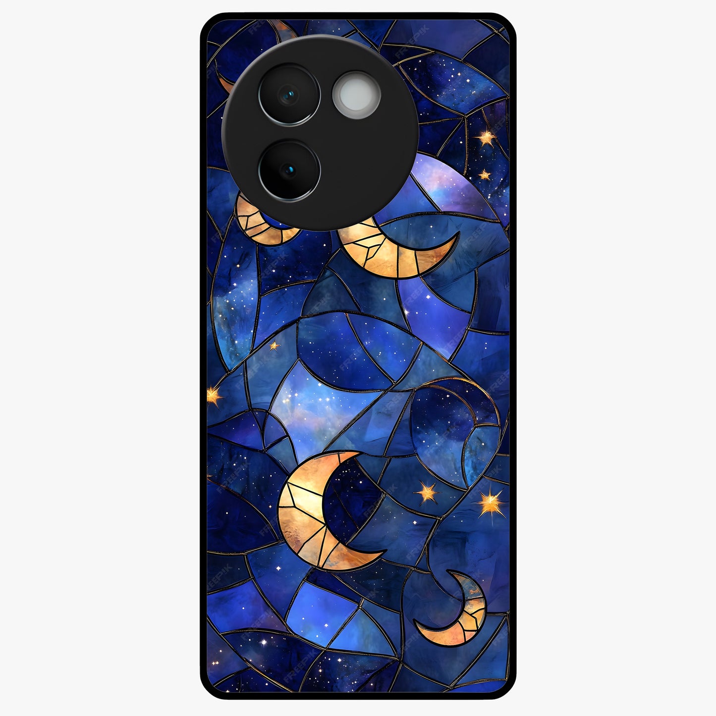 Starlit Sky Tapestry Glass Case showing flat back view with decorative starry sky tapestry artwork and glossy glass finish.