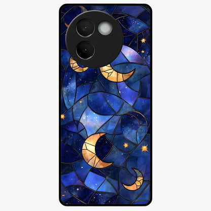 Starlit Sky Tapestry Glass Case showing flat back view with decorative starry sky tapestry artwork and glossy glass finish.