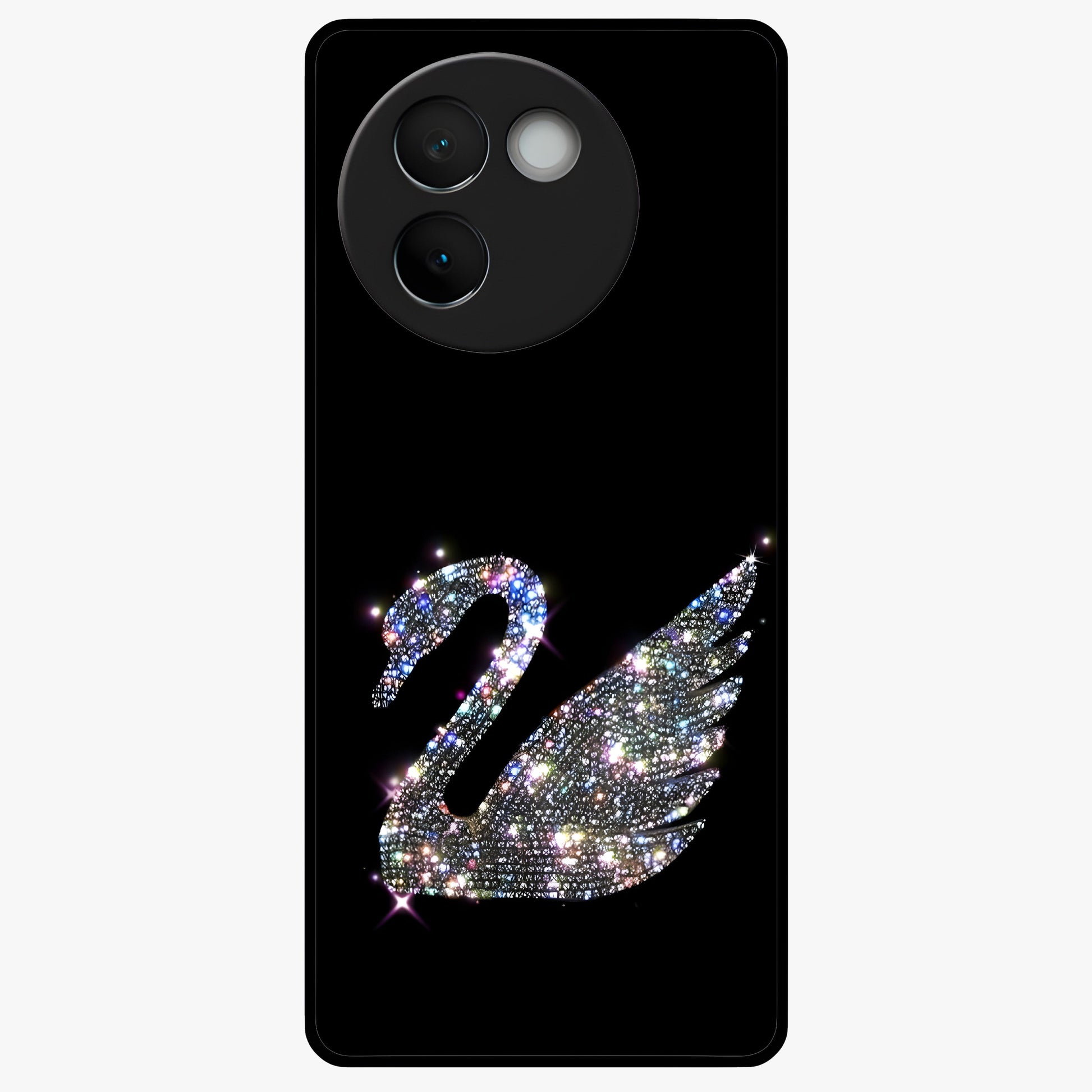 Starlit Swan Grace Glass Case showing flat back view with graceful swan artwork under starry sky and glossy glass finish.