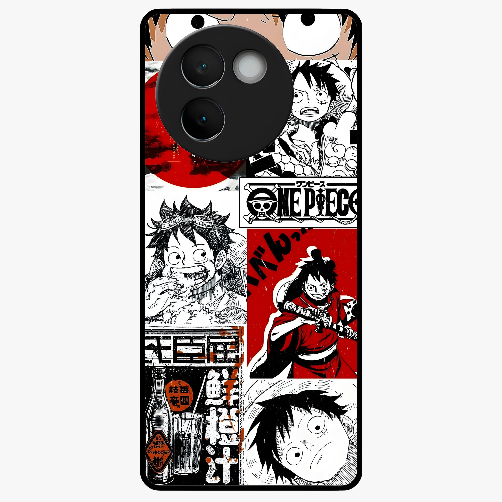 Strawhat Chaos Panels Glass Case showing flat back view with anime inspired chaos panel artwork and glossy glass finish.