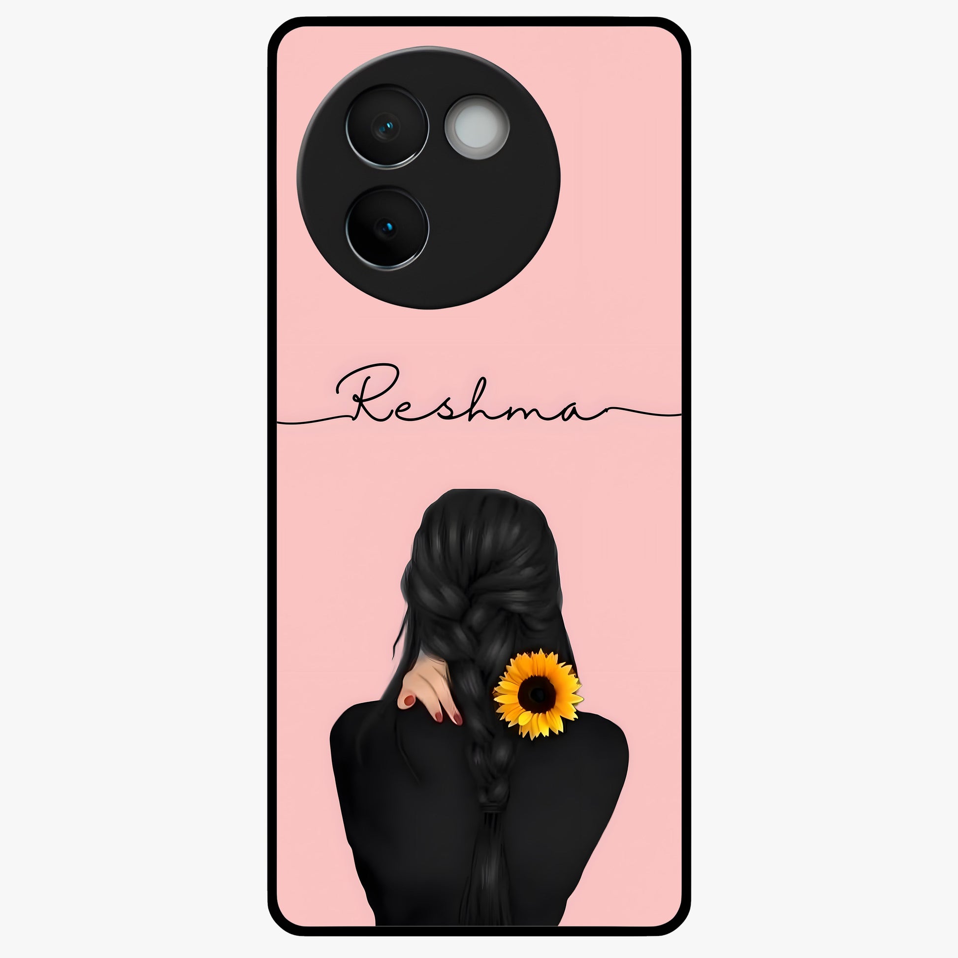 Sunflower Braid Beauty With Custom Name Glass Case showing flat back view with sunflower braid artwork and personalized name design.