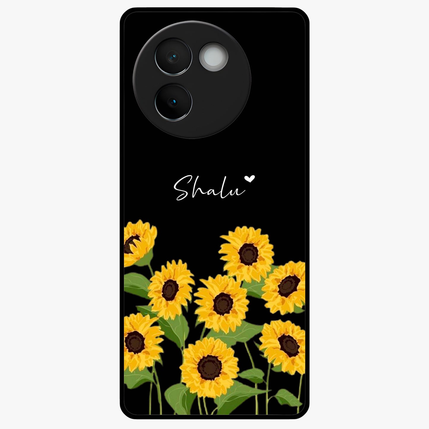 Sunflower Chic Mood Custom Name Glass Case showing flat back view with stylish sunflower artwork and personalized name design.