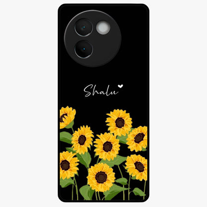 Sunflower Chic Mood Custom Name Glass Case showing flat back view with stylish sunflower artwork and personalized name design.