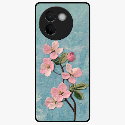 Threaded Blossom Breeze Glass Case showing flat back view with delicate blossom artwork and glossy glass finish.